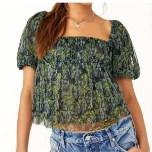 NWOT- Free People- Women’s Penelope mesh top -Small deep sea green combo